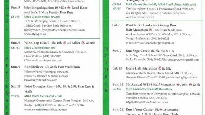 매니토바 달리기 협회(MRA) 발행 2018년 7월부터 11월까지 행사일정표