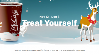 맥도날드스는 12월 8일까지 커피(coffee) 1달러, 라떼(Latte) 2달러 할인 행사를 시행해