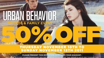 어번 비헤이벼(Urban Behavior) 50% 할인 판매 -  11월 10일 ~ 11월 13일